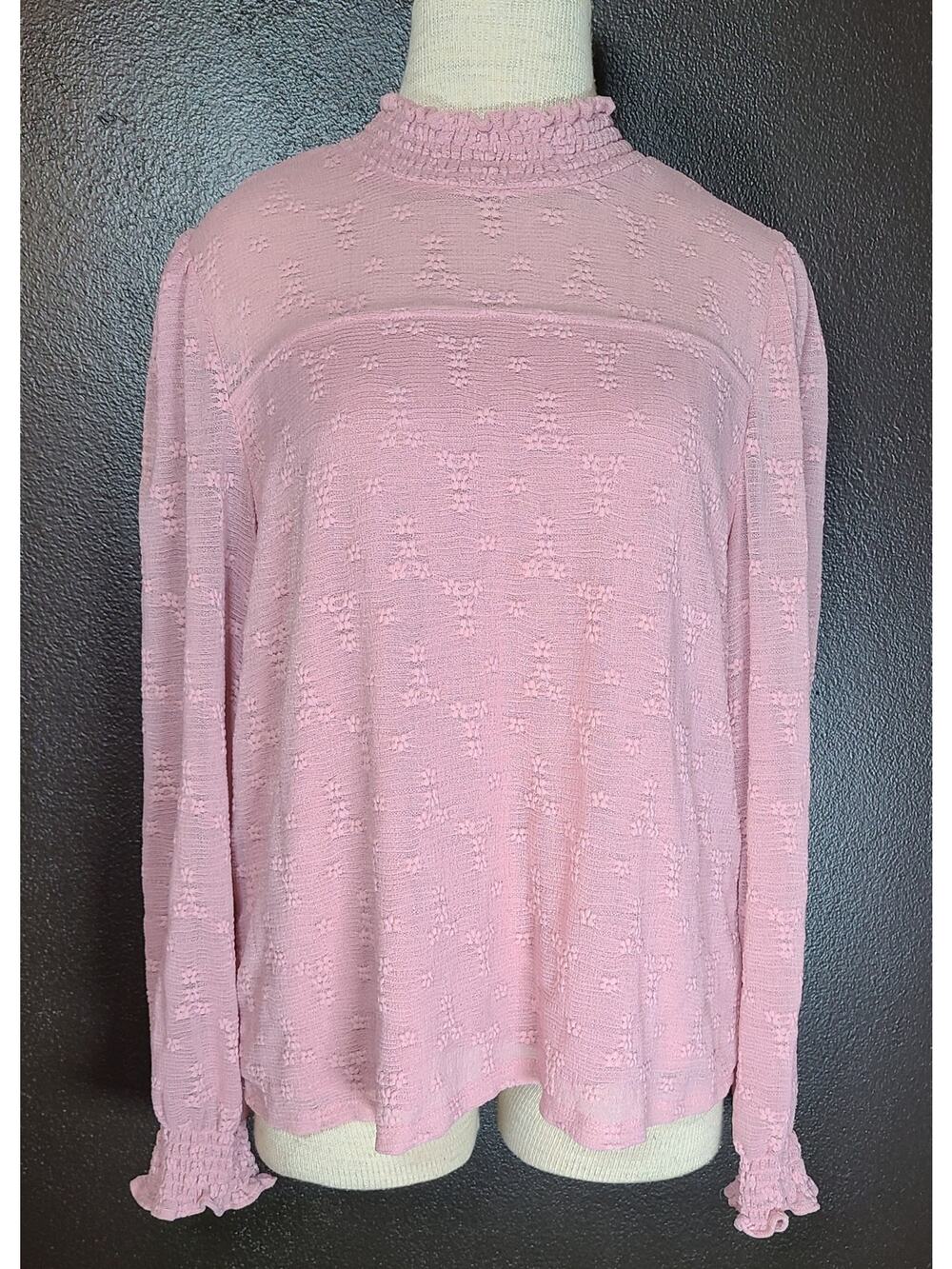 Adrianna Papell Blouse Mock Sheer Guazy Bubble Sleeve Smocked Pink Size Large